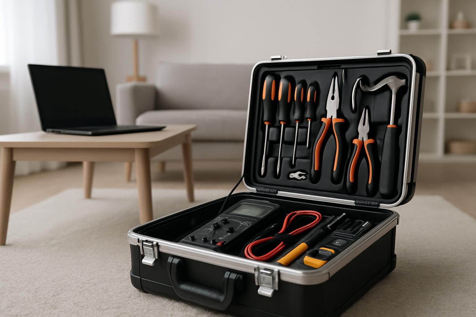 An open, black case containing 7 tools for electricians, including a wire cutter, a multi-meter, and several pliers. A lap...