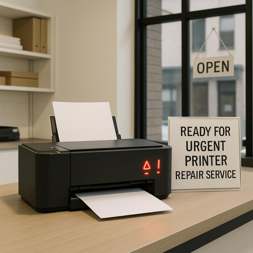 Image showing printer and sign indicating it is ready for urgent repair service.