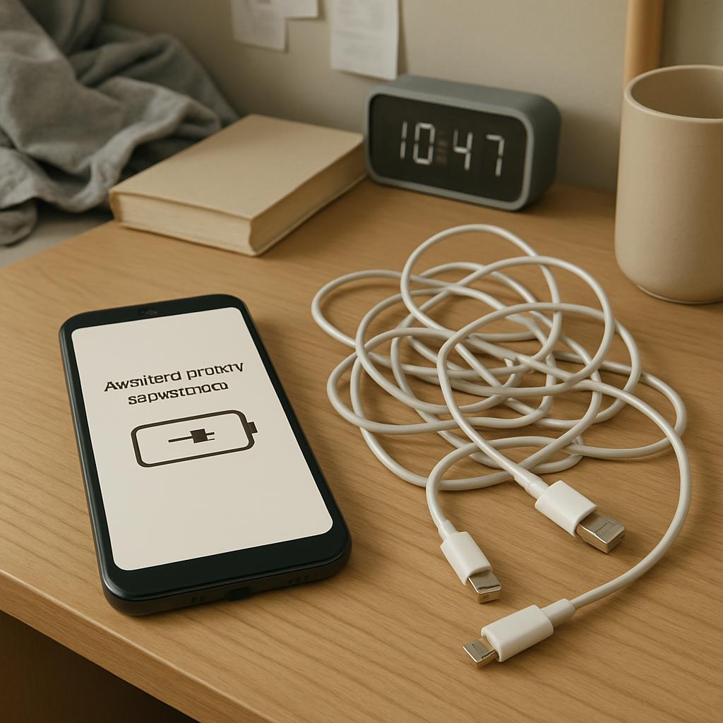 A smartphone on a wooden table with a battery that reads "fully charged" in Norwegian, along with a charging cable and oth...