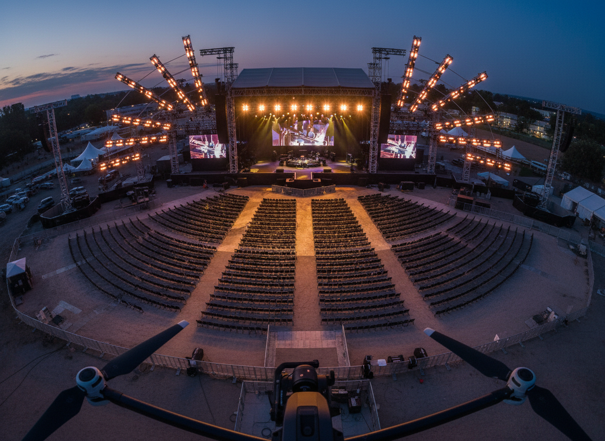An expansive outdoor event venue viewed from high above by a professional drone, showcasing a meticulously organized concert stage, geometric lighting trusses, and a perfectly arranged field of empty seating. The drone’s propeller tips and camera gimbal are visible in the lower frame, emphasizing its role as the vantage point. The setting is captured at blue hour, with cool ambient sky tones contrasting against warm stage lights that create pools of illumination and soft, elongated shadows. Photographic realism with a wide-angle, top-down composition reveals every structural detail, from cable runs to barricades, evoking a dynamic, high-end production atmosphere and demonstrating the power of aerial drone coverage for large-scale events.