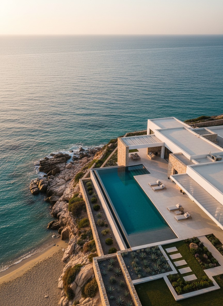 A luxury coastal property is captured from a high, sweeping drone perspective, revealing a modern villa with flat roofs, an infinity pool merging visually into the turquoise sea, and terraced gardens with minimalist landscaping. Sunlight sparkles across the water, while the villa’s white and stone surfaces reflect a soft golden glow of late afternoon. Photographic realism with a wide dynamic range preserves details from bright sky to shaded courtyards. The composition follows a graceful diagonal, leading the eye from shoreline to architecture, with crisp focus across the frame. The atmosphere is refined and aspirational, illustrating how premium aerial drone imagery elevates real estate marketing with stunning, comprehensive views of setting and structure.