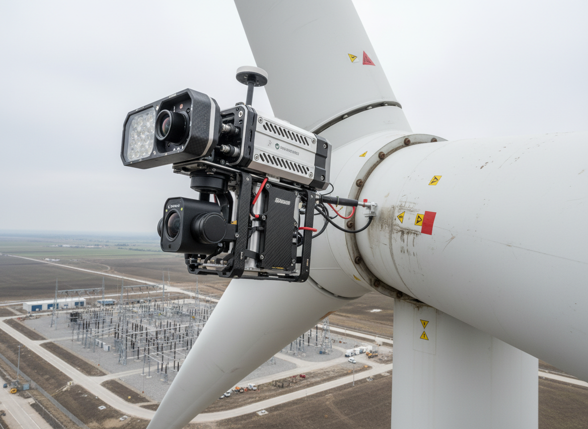 A high-precision industrial drone with rugged, weather-resistant housing hovers close to a towering steel wind turbine, its multi-sensor camera array and high-intensity inspection light directed toward a narrow blade joint. The turbine’s white surface shows subtle wear, bolts, and inspection markers. Below, a neatly organized substation and service road stretch into the distance. Shot in crisp photographic realism with diffused overcast daylight, the lighting is soft and shadowless, highlighting textures and micro-details on the metal. A slightly oblique angle emphasizes depth and scale, with the drone in sharp focus and the landscape gently blurred. The mood is technical and meticulous, underscoring precision inspection capabilities for industrial maintenance and safety.