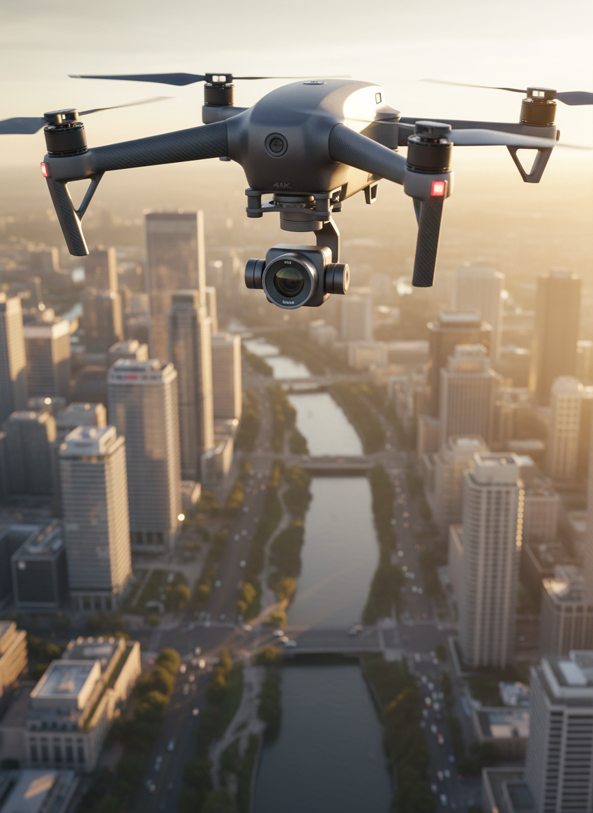 A sleek professional quadcopter drone with carbon-fiber arms and matte dark-grey body hovers over a sprawling modern cityscape, its gimbal-stabilized 4K camera prominently visible beneath the fuselage. Below, glass office towers, tree-lined avenues, and a winding river form a detailed urban tapestry. Captured in photographic realism from a slightly higher bird’s-eye perspective, the scene glows in warm golden-hour sunlight, casting long, crisp shadows and subtle reflections on the glass facades. The composition uses the rule of thirds, with the drone in sharp foreground focus and the city falling into a gentle bokeh haze, conveying precision, reliability, and the promise of spectacular aerial footage for professional use.