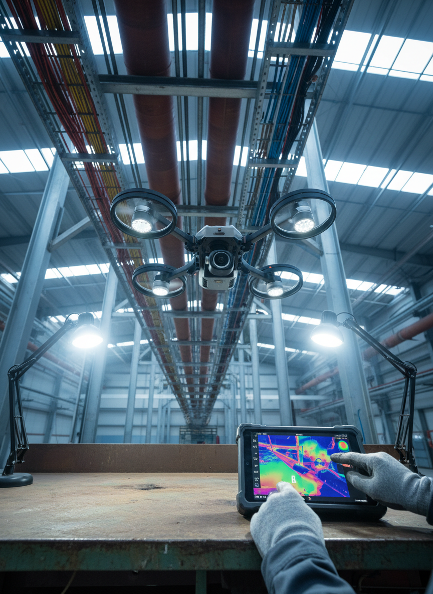 Inside a spacious industrial warehouse, a compact inspection drone hovers close to a complex network of overhead pipes, beams, and cable trays, its downward-facing camera capturing a live feed on a rugged tablet resting on a nearby metal workbench. The scene is rendered in clean photographic realism, lit by a mixture of cool skylight filtering through translucent roof panels and focused LED task lights that create precise highlights and soft-edged shadows on the steel surfaces. Shot from a low, slightly off-center angle, the composition emphasizes the drone against the towering infrastructure above, with a shallow depth of field separating it crisply from the background. The mood is controlled and analytical, highlighting technical aerial inspections in confined industrial environments.