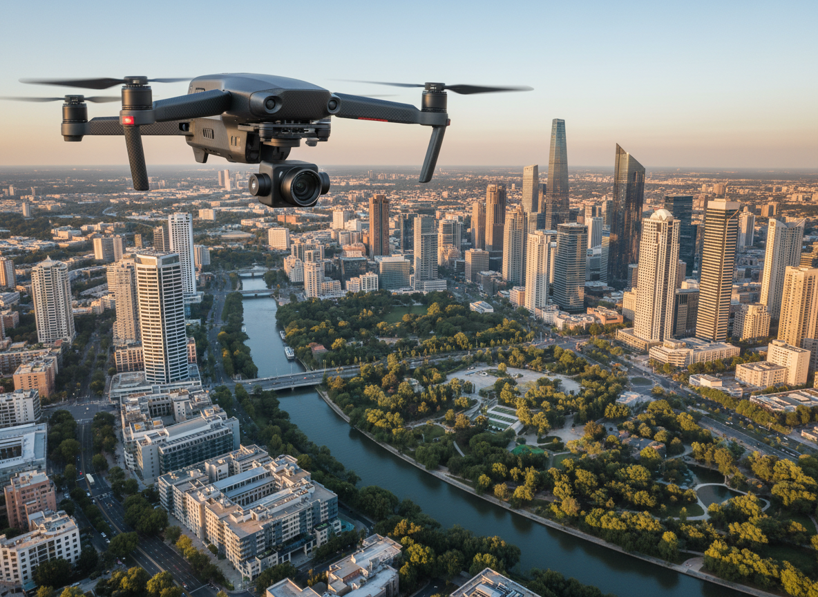A sleek professional quadcopter drone with carbon-fiber arms and matte dark-grey body hovers over a sprawling modern cityscape, its gimbal-stabilized 4K camera prominently visible beneath the fuselage. Below, glass office towers, tree-lined avenues, and a winding river form a detailed urban tapestry. Captured in photographic realism from a slightly higher bird’s-eye perspective, the scene glows in warm golden-hour sunlight, casting long, crisp shadows and subtle reflections on the glass facades. The composition uses the rule of thirds, with the drone in sharp foreground focus and the city falling into a gentle bokeh haze, conveying precision, reliability, and the promise of spectacular aerial footage for professional use.